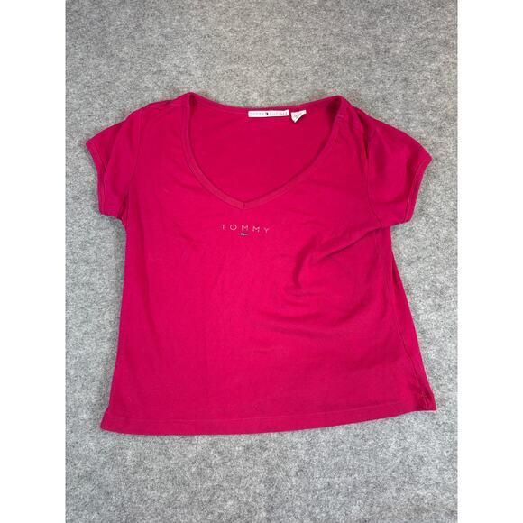 Tommy Hilfiger Shirt Womens Large Pink V-Neck Tee Minimalist Summer Streetwear - Picture 1 of 5